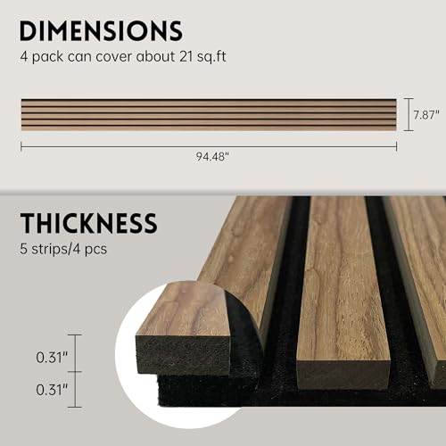 Ritollo Wood Panels for Wall, 4-Pack 94.48" x7.87" 3D Wood Slat Wall Panel, Acoustic Slat Wall Panel for Modern Interior Decor, TV Background, Living Room, Walnut RITOLLO