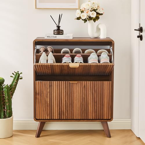 RARZOE Fluted Shoe Storage Cabinet with 2 Flip Drawers, Narrow Curved Shoe Cabinet for Entryway, Freestanding Wood Hidden Shoe Organizer Closed Shoe Rack Cabinet for Foyer, Hallway (27.5''Walnut) RARZOE