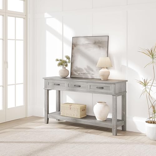 GarveeHome Entryway Table, Console Table with 3 Storage Drawers, 3 Tier Farmhouse Wooden Sofa Table, Hallway Tables for Entryway, Living Room-Grey GarveeHome