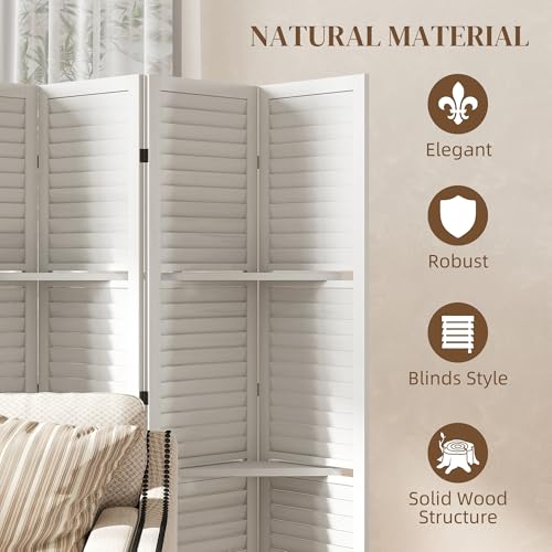 HOMCOM Room Divider, 6 Panel 67" Tall Wood Privacy Screen with 3 Display Shelves, and Folding Storage for Bedroom or Home Office, White HOMCOM