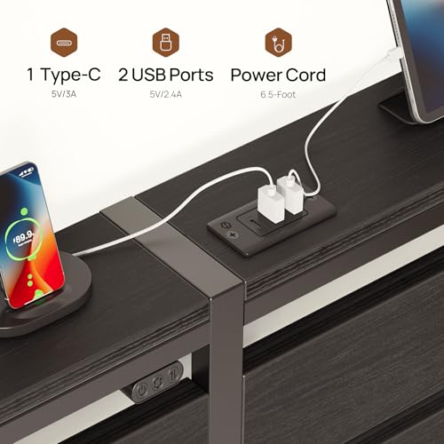 Rolanstar Queen Bed Frame with LED Lights and Charging Station, Wood Storage Headboard and Under Bed Storage, Metal Platform, Noise Free, No Box Spring Needed, Balck Oak Rolanstar