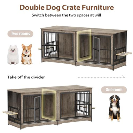 Rovibek 78 Double Dog Crate Furniture for 2 Large Dogs Indoor, Wooden Furniture Dog Crates with Dog Bowl, Dog Kennel Furniture TV Stand Large Breed Grey Rovibek