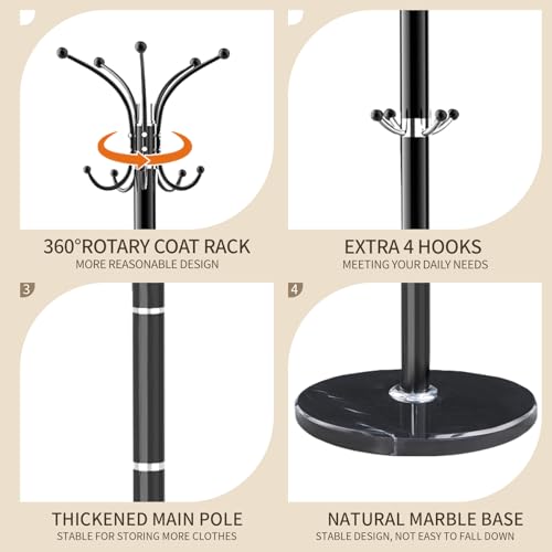 LOZABEE Metal Heavy Duty Coat Rack Stand, Modern Freestanding Coat Rack with Natural Marble Base, 360° Roraty Coat Racks with 14 Hooks, Black Coat Hall Tree Hanger Stand for Entryway, Office LOZABEE