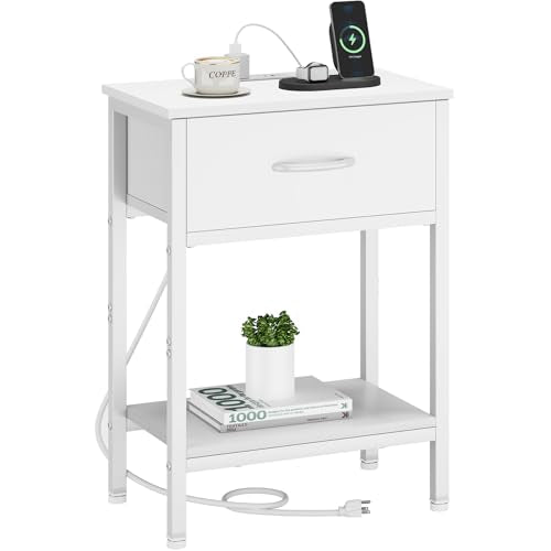 Vagusicc White Nightstand with Charging Station, End Table with Fabric Drawer, Small Side Table with 2-Tier Storage Shelves, 25.4" Tall Bedside Table, White Night Stand for Bedroom, Living Room, Dorm Vagusicc