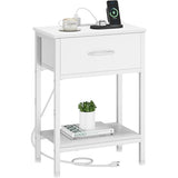 Vagusicc White Nightstand with Charging Station, End Table with Fabric Drawer, Small Side Table with 2-Tier Storage Shelves, 25.4" Tall Bedside Table, White Night Stand for Bedroom, Living Room, Dorm Vagusicc
