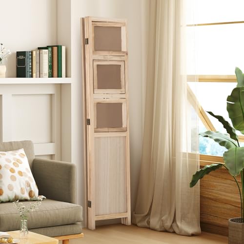 Giantex 3 Panel Room Divider with 9 Rotating Picture Frames, 67'' Folding Privacy Screen for Photo Display, Freestanding Wood Wall Partition for Room Separation, Bedroom, Office, Natural Giantex