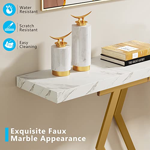 Tribesigns 70.9 Inch Extra Long Sofa Table， White and Gold Console Table with Faux Marble Tabletop, Modern Long Entryway Table with Gold Frame - WoodArtSupply