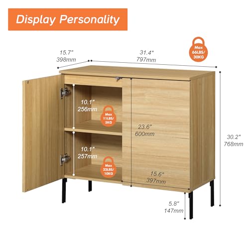 WAMPAT Fluted Nightstand Set of 2, 31.5" Wide Modern Mid Century End Table with 2 Doors, Wooden Bedside Table with Storage, Night Stand Sofa Table Side Table with Hidden Handles for Bedroom,Oak WAMPAT