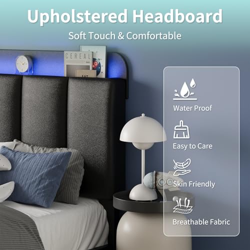 BarnFurin Twin Bed Frame with LED Lights, Upholstered Platform Bed with Storage Headboard, Single Bed Frame, Noise-Free, No Box Spring Needed, Easy Assembly, Black BarnFurin