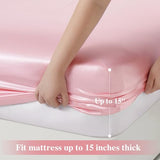 P Pothuiny 3-Piece Set Ruffle Satin Pillowcases & Full Fitted Sheet, Luxury Blush Pink Satin Fitted Sheet Silky Soft Cute Bedding Bedroom Dorm Decor, Wrinkle Free, 15 Inch Deep Pocket P Pothuiny