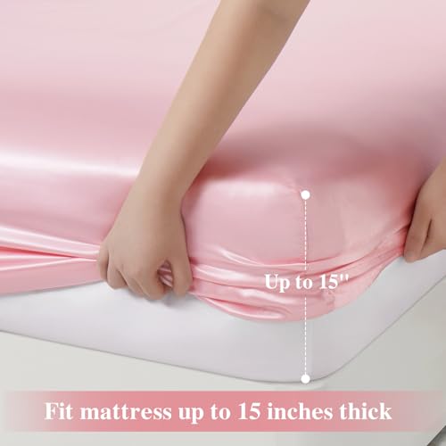 P Pothuiny 3-Piece Set Ruffle Satin Pillowcases & Twin Fitted Sheet, Luxury Blush Pink Satin Fitted Sheet Silky Soft Cute Bedding Bedroom Dorm Decor, Wrinkle Free, 15 Inch Deep Pocket P Pothuiny
