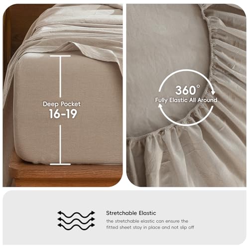 MooMee Bedding Sheet Set 100% Washed Cotton Linen Like Textured Breathable Durable Soft Comfy (Heathered Tannish Linen Grey, Twin) MooMee