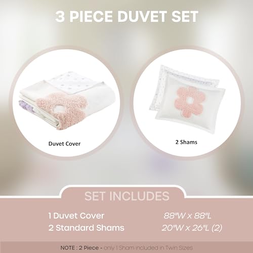 Intelligent Design Kids Full Duvet Cover Set for Girls, Tufted Chenille Floral Duvet Set Queen, Lightweight Polka Dot Reversible Bedding Cover, Gracie, Full/Queen White/Purple 4 Piece Intelligent Design