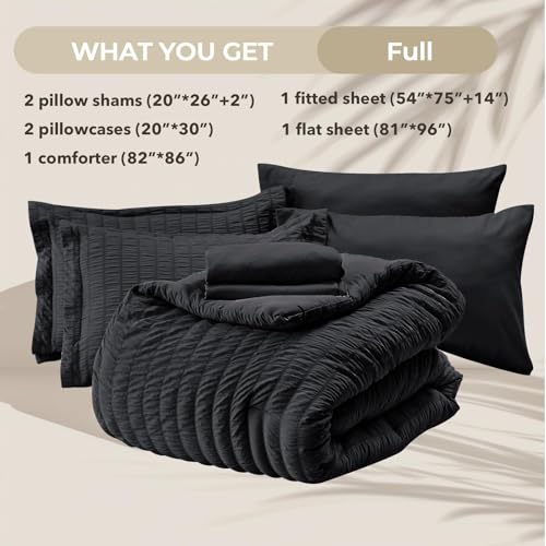 HYMOKEGE Black Full Size Comforter Sets Seersucker 7 Pieces, All Season Luxury Bed in a Bag for Bedroom, Bedding Set with Comforters, Sheets, Pillowcases & Shams HYMOKEGE