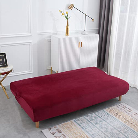 MIFXIN Armless Futon Slipcover Folding Sofa Cover Velvet Stretch Elastic Couch Furniture Protector for Foldable Futon Sofa Bed Without Armrests (Red) MIFXIN