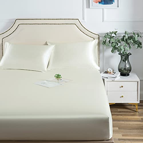 Fitted Sheet Olympic Queen Ivory - Satin Silk Soft and Comfortable - Wrinkle, Fade, Stain Resistant - 21" Deep Pocket - 1 Single Fitted Bottom Sheet Only - Easy Care (Olympic Queen, Ivory) Good Night Bedding
