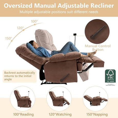 Euthymia Oversized Recliner Chair, Large Recliner Chair Chairs for Adults 400LBS, XL Biggest Manual Fabric Heavy Duty Recliner Chair, Extra Wide Recliners for Living Room, Brown Euthymia