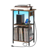 HOOBRO Record Player Stand with Charging Station and LED, Turntable Stand with Storage, 3 Tier End Table Hold Up to 100 Albums, Record Table for Vinyl, Living Room, Rustic Brown and Black BF06UDRS01 HOOBRO