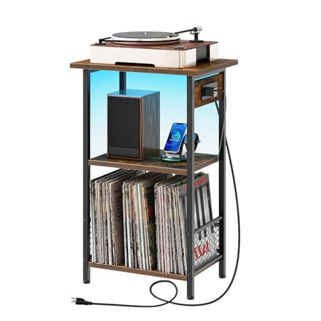 HOOBRO Record Player Stand with Charging Station and LED, Turntable Stand with Storage, 3 Tier End Table Hold Up to 100 Albums, Record Table for Vinyl, Living Room, Rustic Brown and Black BF06UDRS01 HOOBRO