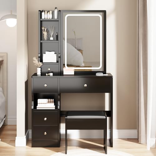 Elevon Small Makeup Vanity Desk with Sliding Mirror LED 3 Lighting Adjustable, Vanity Table Set with 5 Storage Drawer & Chair & Shelves Bedroom Furniture, Black