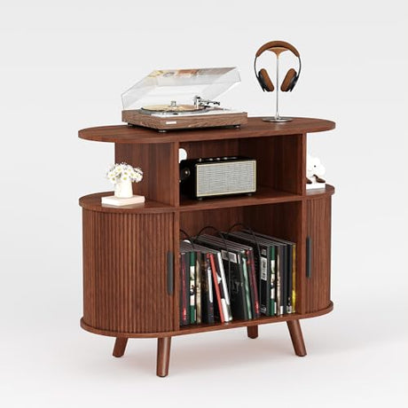Garvee 35'' Fluted Mid Century Modern Turntable Cabinet, Large Round Record Player Stand with Charging Station and Display Shelf, Arched Wood Record Player Table for Living Room Garvee