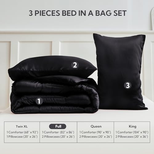 MR&HM Full Size Comforter Set Black, Reversible Satin Microfiber Comforter Set for All Seasons, 3 Pieces Non-Slip Silky Soft Bedding Sets with 1 Comforter (82"x86") and 2 Pillowcases (20"x26") MR&HM