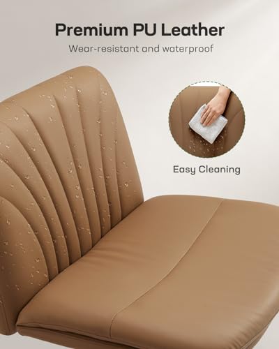 Marsail Armless-Office Desk Chair with Wheels: PU Leather Cross Legged Wide Chair,Comfortable Adjustable Swivel Computer Task Chairs for Home,Office,Make Up,Small Space,Bed Room, Brown Marsail