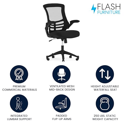 Flash Furniture Kelista Mid-Back Swivel Office Chair with Adjustable Seat Height, Ergonomic Mesh Desk Chair with Flip-Up Armrests, Black Flash Furniture