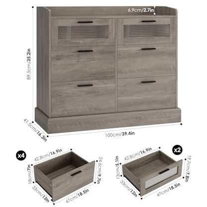 HOSTACK Modern 6 Drawer Dresser for Bedroom, Double Wide Chest of Drawers with Storage, Bedroom Dresser with Metal Handle & Fluted Glass, Wood Console Cabinet with Fence for Living Room, Ash  - WoodArtSupply