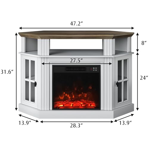 YESHOMY Corner Fireplace TV Stand for Television up to 55" with Storage Cabinets, Entertainment Center, Media Console for Living Room, Bedroom, White＆Rustic YESHOMY