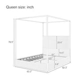 LUMISOL Queen Size Upholstered Canopy Bed, Metal 4 Poster Platform Bed with Tall Corduroy Headboard, Black Canopy Bed Frame with Headboard, No Box Spring Needed, White