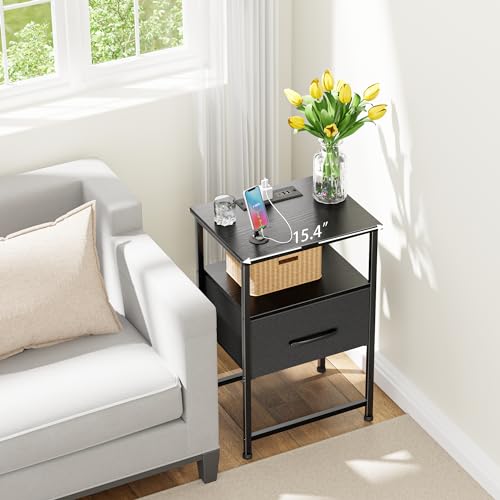 LAKEMID Nightstands Set of 2 with Fast Charging Station and Drawer, End Table Bedside Table with 20 Colors LED Light Strip and 2 Layers Shelf for Bedroom Living Room Sofa Couch (Black) LAKEMID