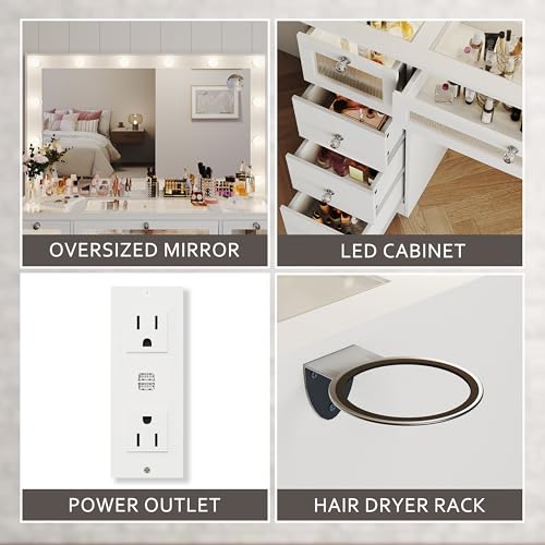 IFSEB Makeup Vanity Desk with LED Lights and Large 36.9’’ Mirror, 9 Drawers Vanity with Glass Top & 3 Color Hollywood Bulbs, Make Up Vanity with Charging Station & Crystal Knobs for Woman, White IFSEB