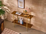 Glass Console Table for Living Room, Foyer & Entrance, 2-Tiers Mid-Century Modern Sofa Table with Amber Glass Top, 41" D x 14" W x 31.5" H, Walnut Finish Wood Shelf and Gold Finish Frame Shrine