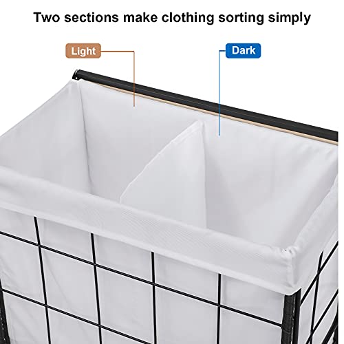 Durable Laundry Hamper with Removable Liner Bag, Heavy Duty Wheels, Wood Lid and Metal Handle - Clothes Sorter and Laundry Basket in White