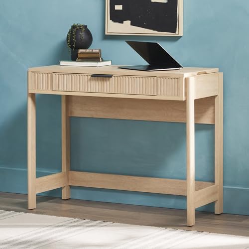 Walker Edison Transitional Style Furniture, Reeded Detail, Lift-Top Desk with Drawer and Storage Cubby, Sitting to Standing Desk, Soft Self-Close Desktop, 38”W x 16.75”D x 30”H, Coastal Oak Walker Edison