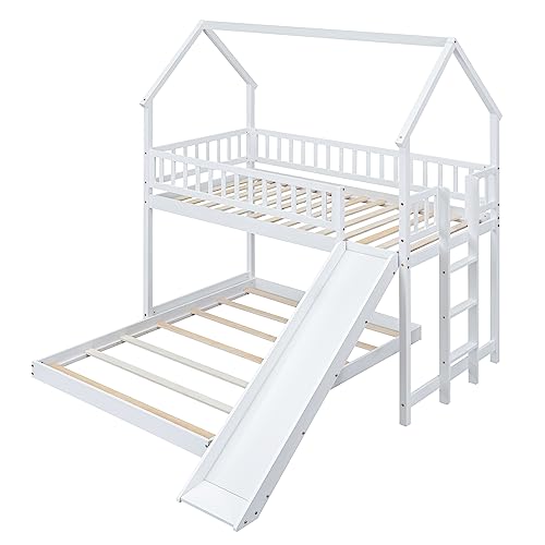 SOFTSEA House Bunk Bed with Slide, Twin Over Full Wooden Bunk Bed Frame with Full-Length Guardrail and Built-in Ladder, for Bedroom, No Box Spring Needed, White SOFTSEA