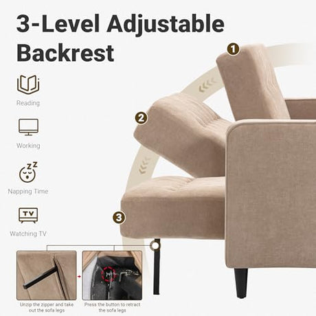 Culect 80" L Futon Sofa Bed, 3-in-1 Adjustable Futon Bed for Sitting or Reclining, Suitable for Living Room, Studies and Small Space, Linen Fabric, Beige Culect