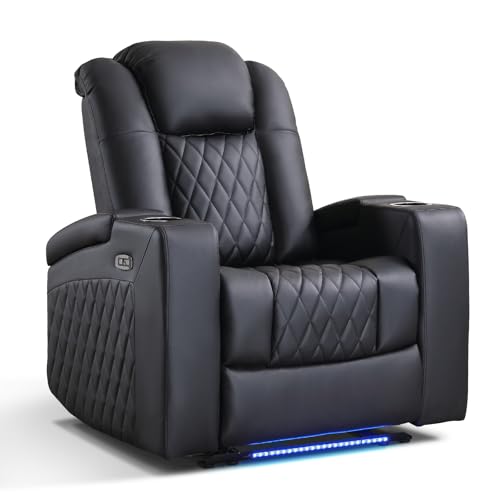 ANJ Home Theater Seating Power Recliner with Hidden Arm Storage, Faux Leather Recliners with LED Light, Electric Movie Reclining Chairs with USB Ports & Cup Holders for Media Living Room, Black