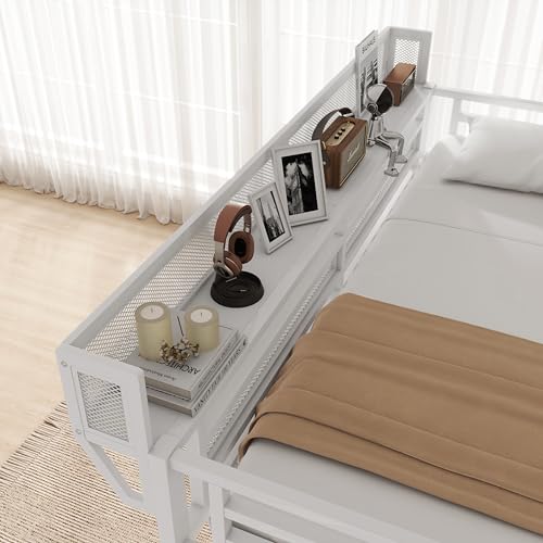 KEIKI Queen Size Metal Loft Bed Frame with Desk, Staircase, Built-in Storage Shelves and Wardrobe, Modern Loft Bed with Solid Slat, Guardrail, No Box Spring Required, Easy Assembly, for Bedroom, White KEIKI