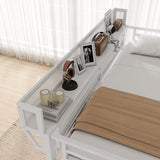 KEIKI Queen Size Metal Loft Bed Frame with Desk, Staircase, Built-in Storage Shelves and Wardrobe, Modern Loft Bed with Solid Slat, Guardrail, No Box Spring Required, Easy Assembly, for Bedroom, White KEIKI