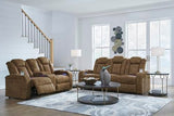 Signature Design by Ashley Wolfridge Contemporary Faux Leather Power Reclining Loveseat with Console, Cup Holders and USB Ports, Light Brown Signature Design by Ashley