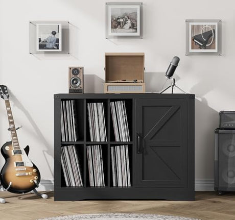 Takywep Record Player Stand with Door, Farmhouse Turntable Cabinet with Storage, Vinyl Record Storage Cabinet with Shelves for Up to 750 Albums, Multi-Purpose Wooden Media Console Table Takywep