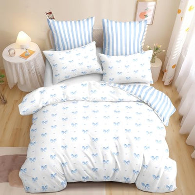 Sedefen Bow Duvet Cover Twin Size Blue Striped on White Bedding Set 2 Pieces Cute Heart Printed Stripe Reversible Princess Style Soft Breathable Microfiber Duvet Cover Set with Zipper Closure