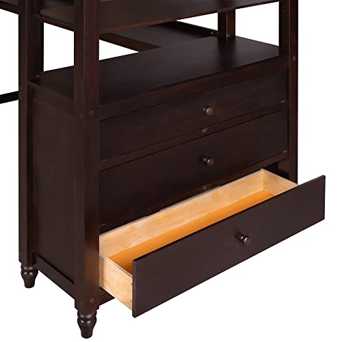Twin Size Loft Bed with Desk and Drawers, Solid Wood Loft Bed with Storage Shelves for Kids Teens Adults - Espresso Bellemave