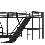 KLMM Twin Over Full L-Shaped Metal Triple Bunk Bed with Twin Size Loft Bed,Slide and USB Ports,for Kids Teens Adults Bedroom Use (Black/Slide, Twin Over Full) KLMM