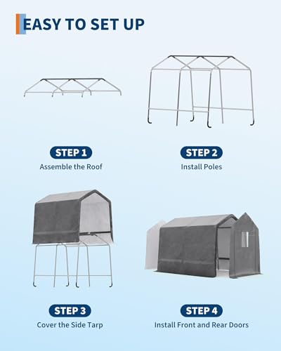 7X12 FT Heavy-Duty Portable Outdoor Storage Shed with Roll-Up Zipper Door & Vent, 240g Waterproof Carport Storage Shelter, UV-Resistant Canopy for Motorcycle, Firewood, Tools -Gray ﻿ ActiveTrail