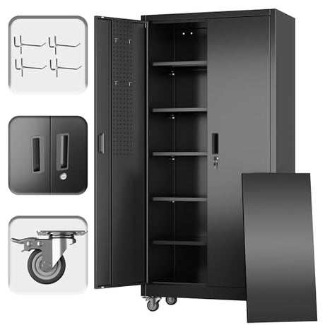JAORD Garage Storage Cabinet with Wheels and Pegboard, Lockable Metal Storage Cabinet with 5 Adjustable Shelves and 4 Hooks for Garage,Warehouse, Assembly Required, Black, 71" H x 34" W x 18" D JAORD