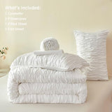 PERFEMET White Bedding Queen Size Set, 5 Pieces Fluffy Ruched Comforter (90"x90"), Luxury Soft Boho Chic Ruffled Bed in a Bag with Sheet, All Season Farmhouse Pleated Texture Bed Sets(White, Queen) PERFEMET