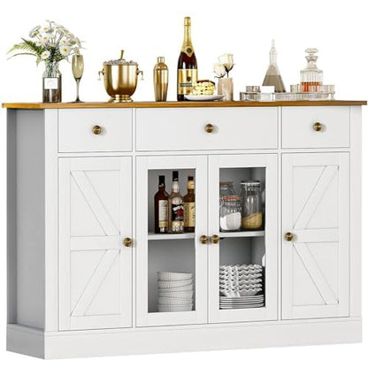 4 EVER WINNER Buffet Cabinet with 4 Doors and 3 Drawers, 55" Kitchen Buffet Storage Cabinet with Adjustable Shelves, Modern Coffee Bar Cabinet for Kitchen, Dinning Living Room, Entryway, Whit - WoodArtSupply